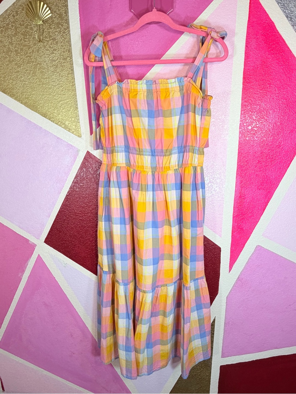 Free Assembly Pastel Rainbow Plaid Tie Strap Tiered Midi Sundress M